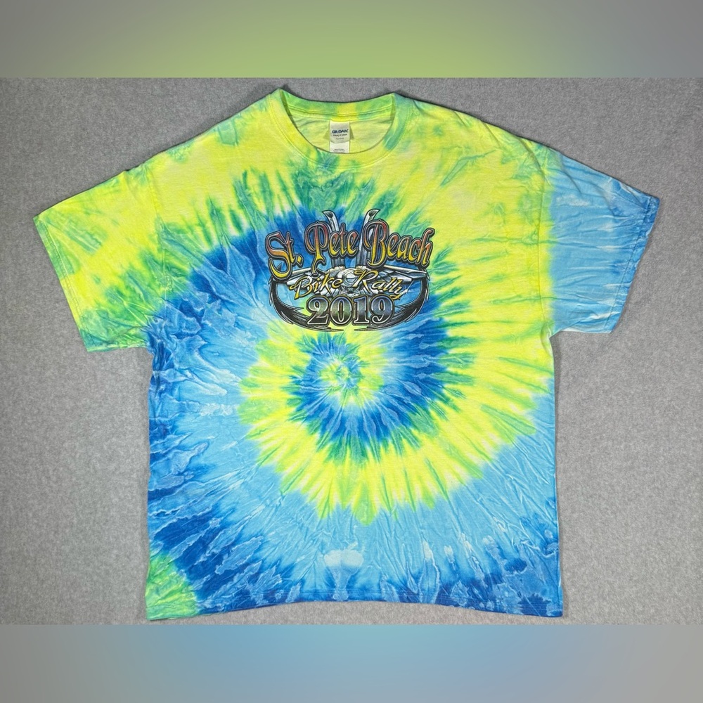 St.Pete Beach Bike Week 2019 Blue and Yellow Tie-Dye T-Shirt US XL